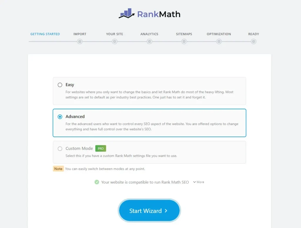Rank Math目前提供三種模式，分別為Easy、Advanced、Custom Mode三種模式